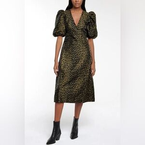 Ganni Leopard Jacquard Midi Dress, Olive Drab